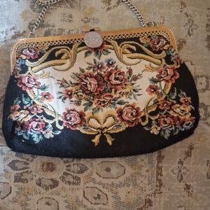 Black Floral Tapestry Evening Bag with Chain